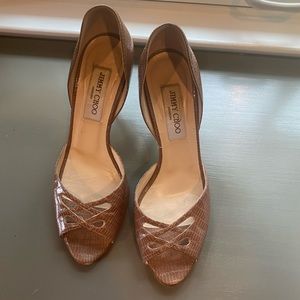 Jimmy Choo heels in taupe with d’orsay heel